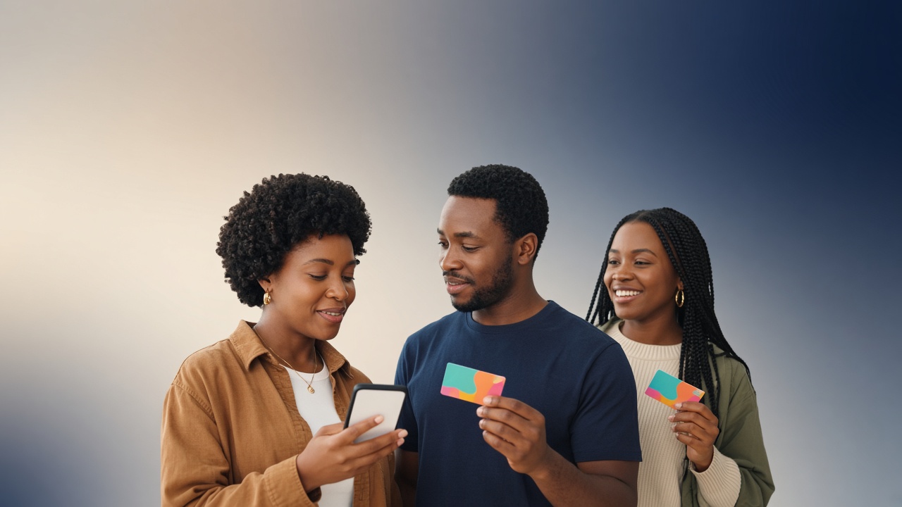 Three people checking a phone and holding gift cards